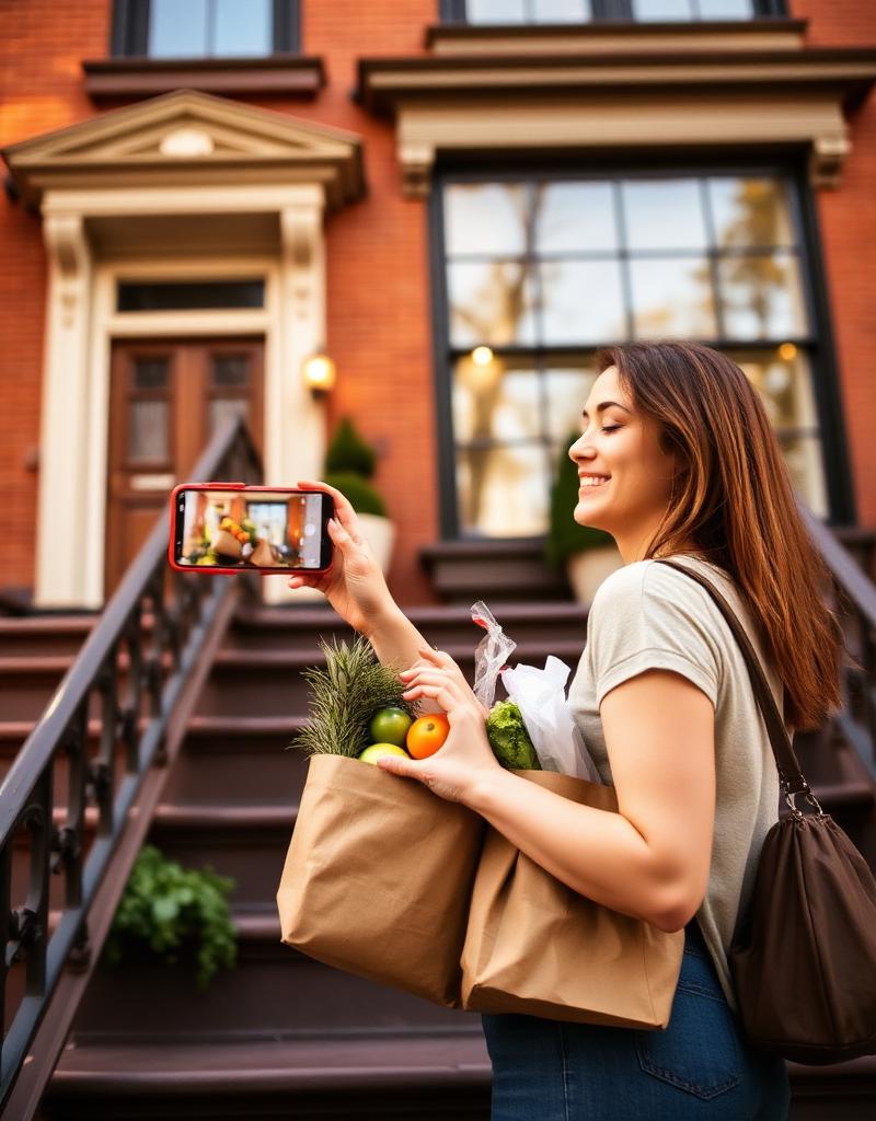 Shopper photographing a grocery haul on a Brooklyn stoop