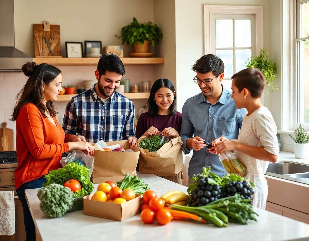 Family unpacking fresh groceries together